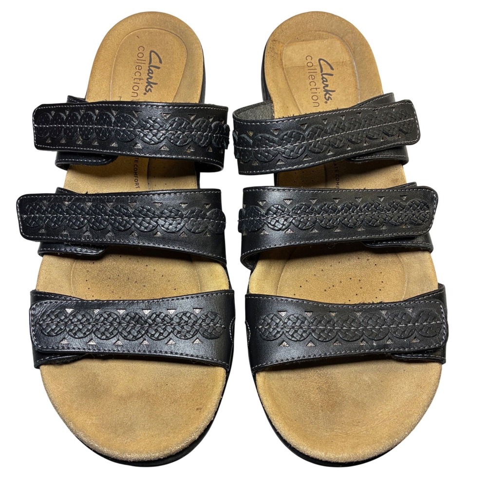 Clarks Collection Womens 10N Black‎ Leather Comfort Sandals Ultimate Comfort